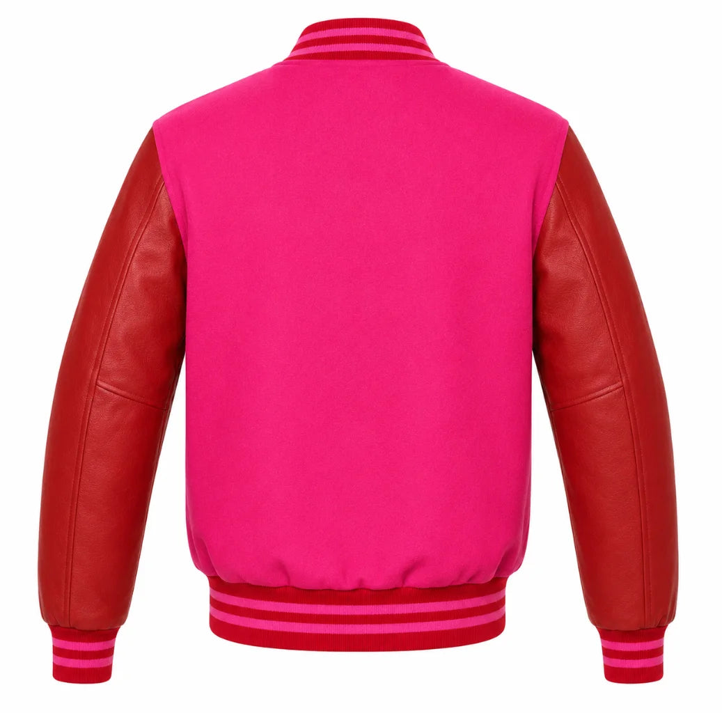 Hot pink wool varsity jacket with red leather sleeves, back view