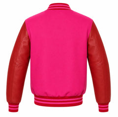 Hot pink wool varsity jacket with red leather sleeves, back view