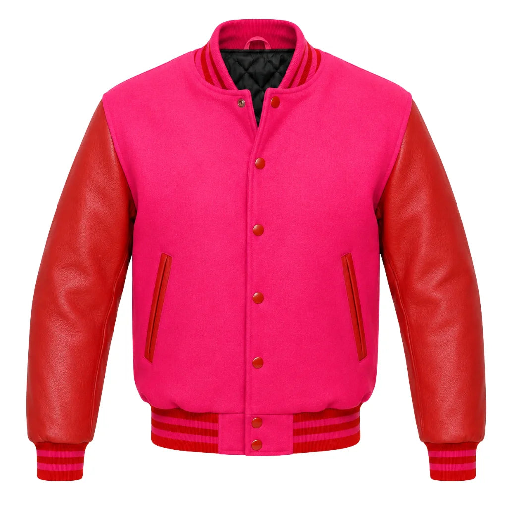 Hot pink melton wool varsity jacket with red cowhide leather sleeves, front view
