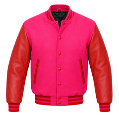 Hot pink melton wool varsity jacket with red cowhide leather sleeves, front view