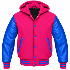 Hot Pink and Royal Blue Hooded Varsity Jacket