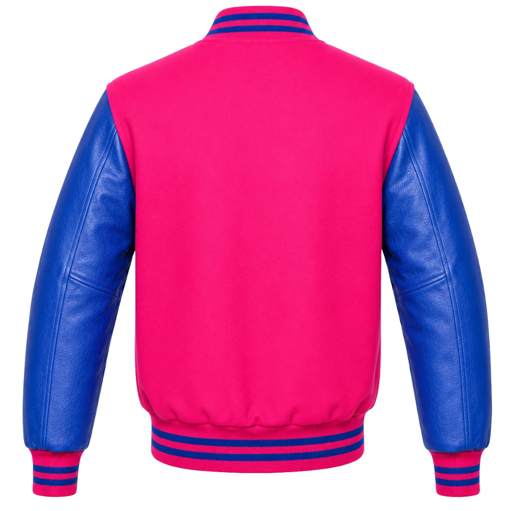 Hot pink wool varsity jacket with royal blue leather sleeves, back view