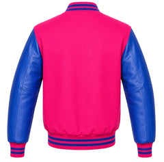 Hot pink wool varsity jacket with royal blue leather sleeves, back view