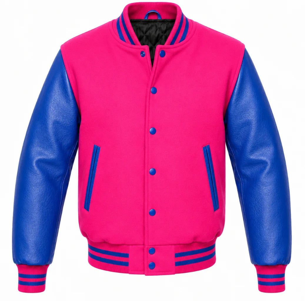 Hot pink melton wool varsity jacket with royal blue leather sleeves, front view