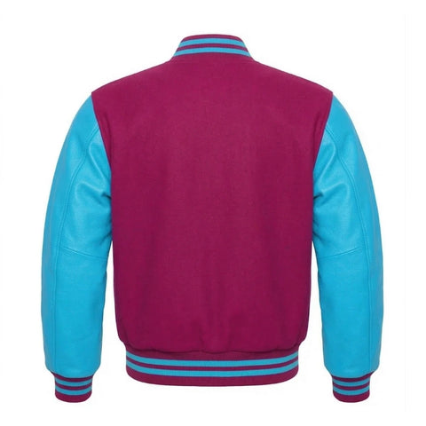 Hot Pink and Sky Blue Varsity Jacket with Wool Body and Leather Sleeves Back Side