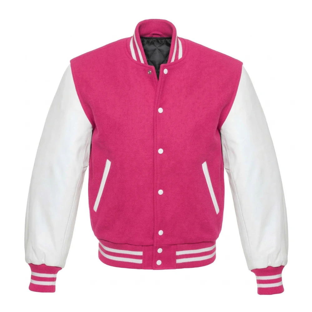 Hot Pink and White Varsity Jacket with Wool Body and Leather Sleeves