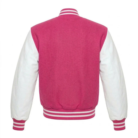 Hot Pink and White Varsity Jacket with Wool Body and Leather Sleeves Back Side
