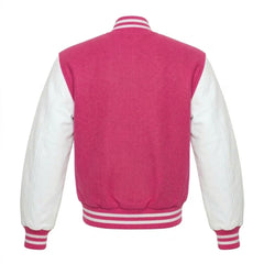Hot Pink and White Varsity Jacket with Wool Body and Leather Sleeves Back Side