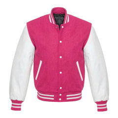 Hot Pink and White Varsity Jacket with Wool Body and Leather Sleeves