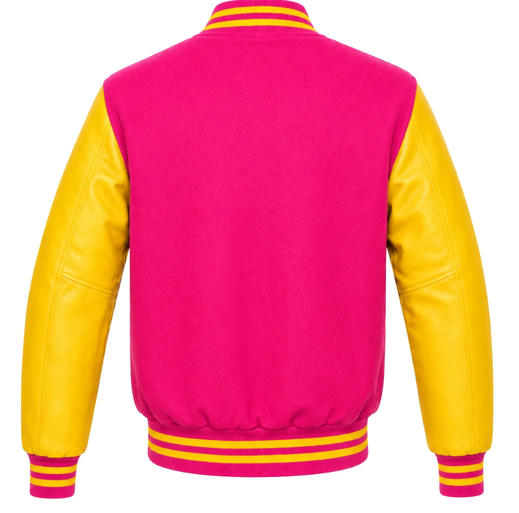 Hot pink wool letterman jacket with yellow cowhide sleeves, back view