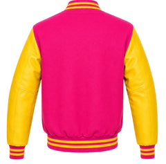 Hot pink wool letterman jacket with yellow cowhide sleeves, back view
