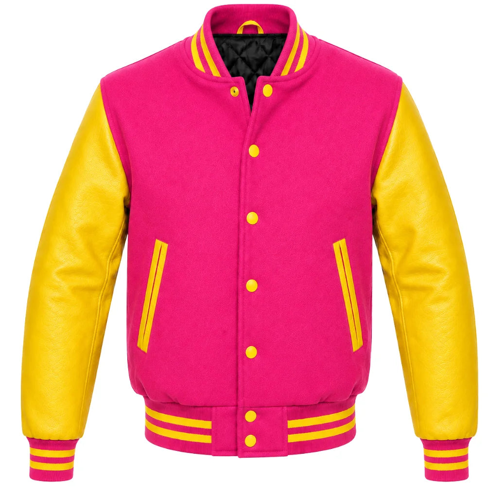 Hot pink melton wool letterman jacket with yellow leather sleeves, front view