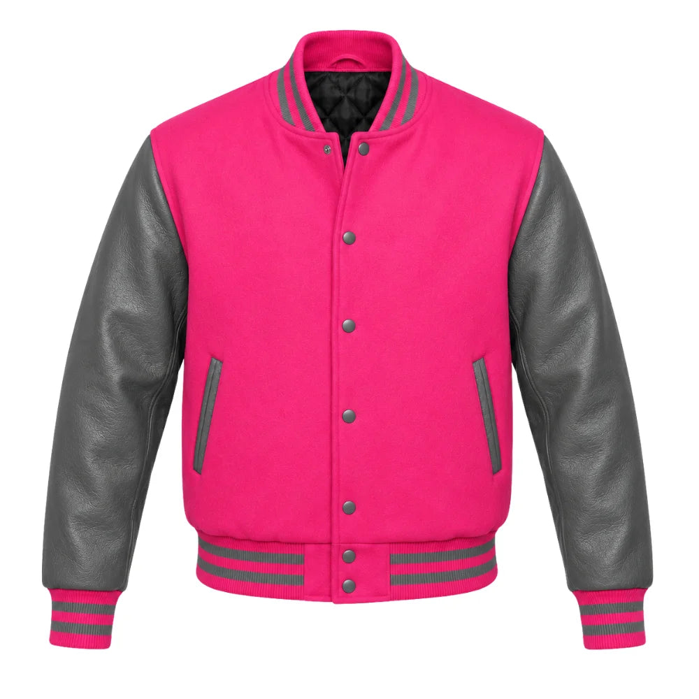 Hot Pink and Grey Varsity Jacket with Wool Body and Leather Sleeves