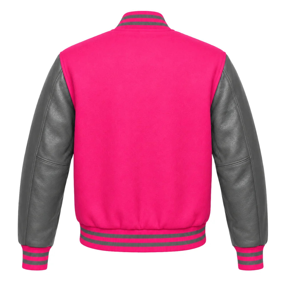Hot Pink and Grey Varsity Jacket with Wool Body and Leather Sleeves Back Side