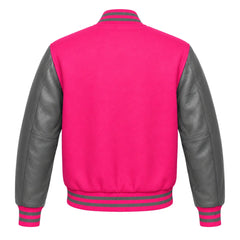 Hot Pink and Grey Varsity Jacket with Wool Body and Leather Sleeves Back Side