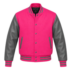 Hot Pink and Grey Varsity Jacket with Wool Body and Leather Sleeves