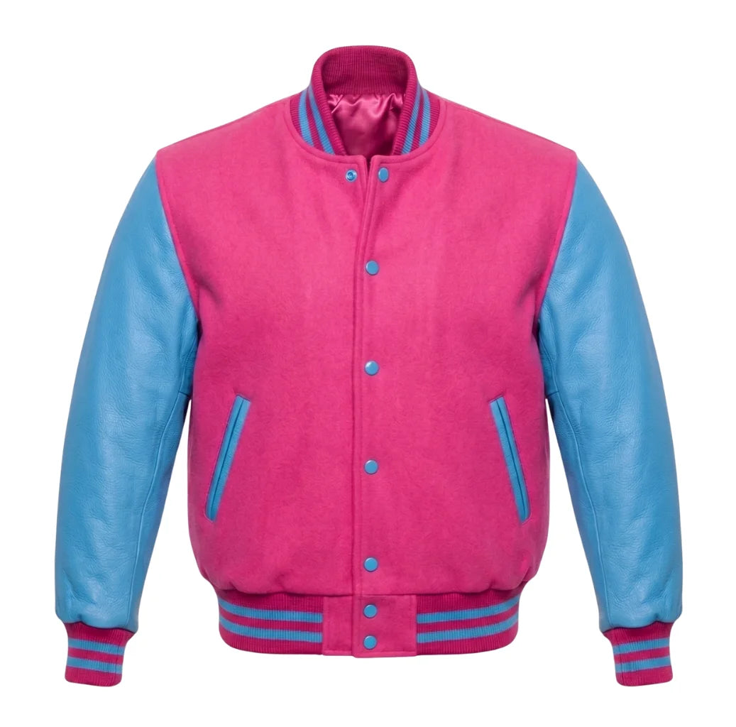 Hot Pink and Sky Blue Varsity Jacket with Wool Body and Leather Sleeves