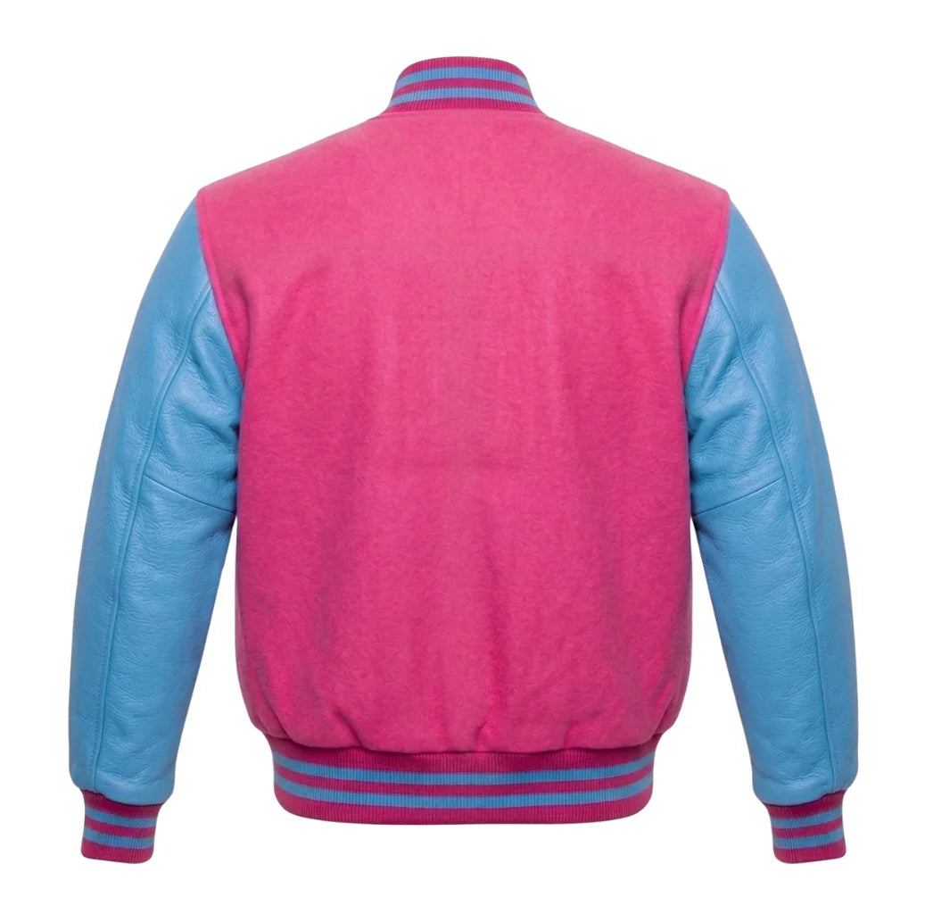 Hot Pink and Sky Blue Varsity Jacket with Wool Body and Leather Sleeves Back View