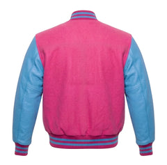 Hot Pink and Sky Blue Varsity Jacket with Wool Body and Leather Sleeves Back View