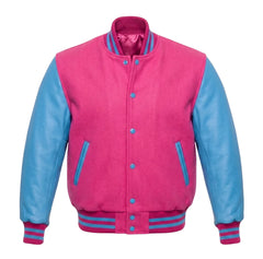 Hot Pink and Sky Blue Varsity Jacket with Wool Body and Leather Sleeves