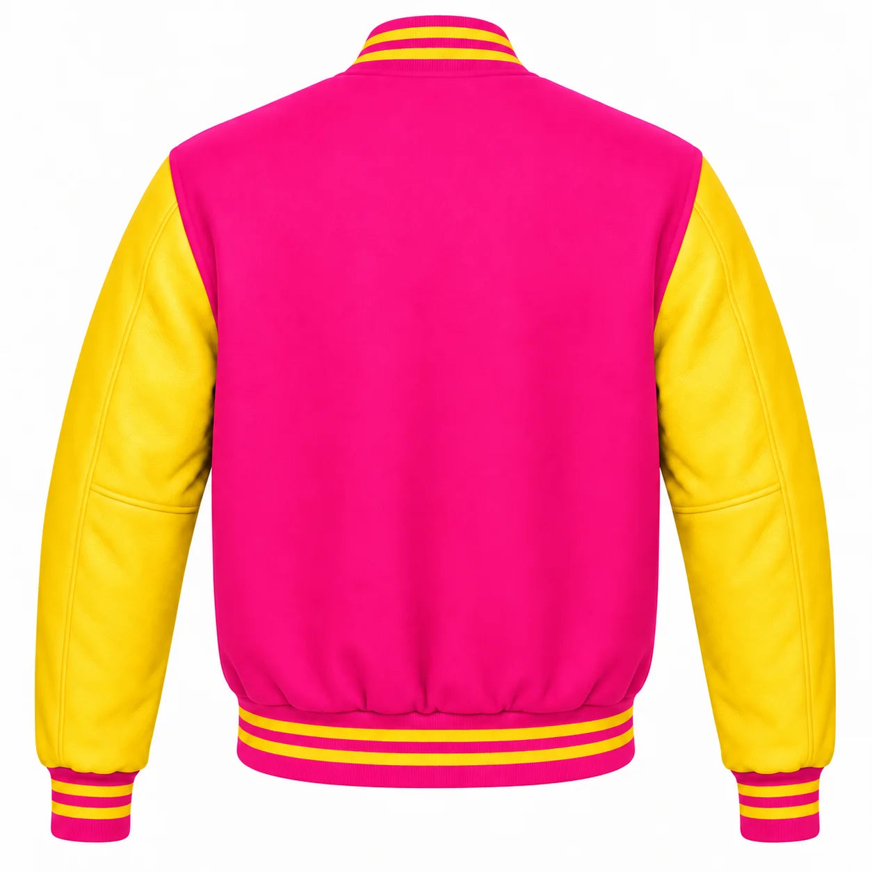 Hot Pink and Yellow Varsity Jacket with Wool Body and Leather Sleeves Back View