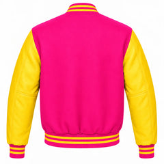 Hot Pink and Yellow Varsity Jacket with Wool Body and Leather Sleeves Back View