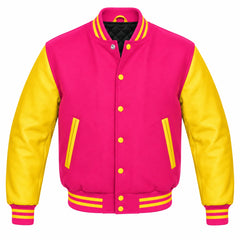 Hot Pink and Yellow Varsity Jacket with Wool Body and Leather Sleeves