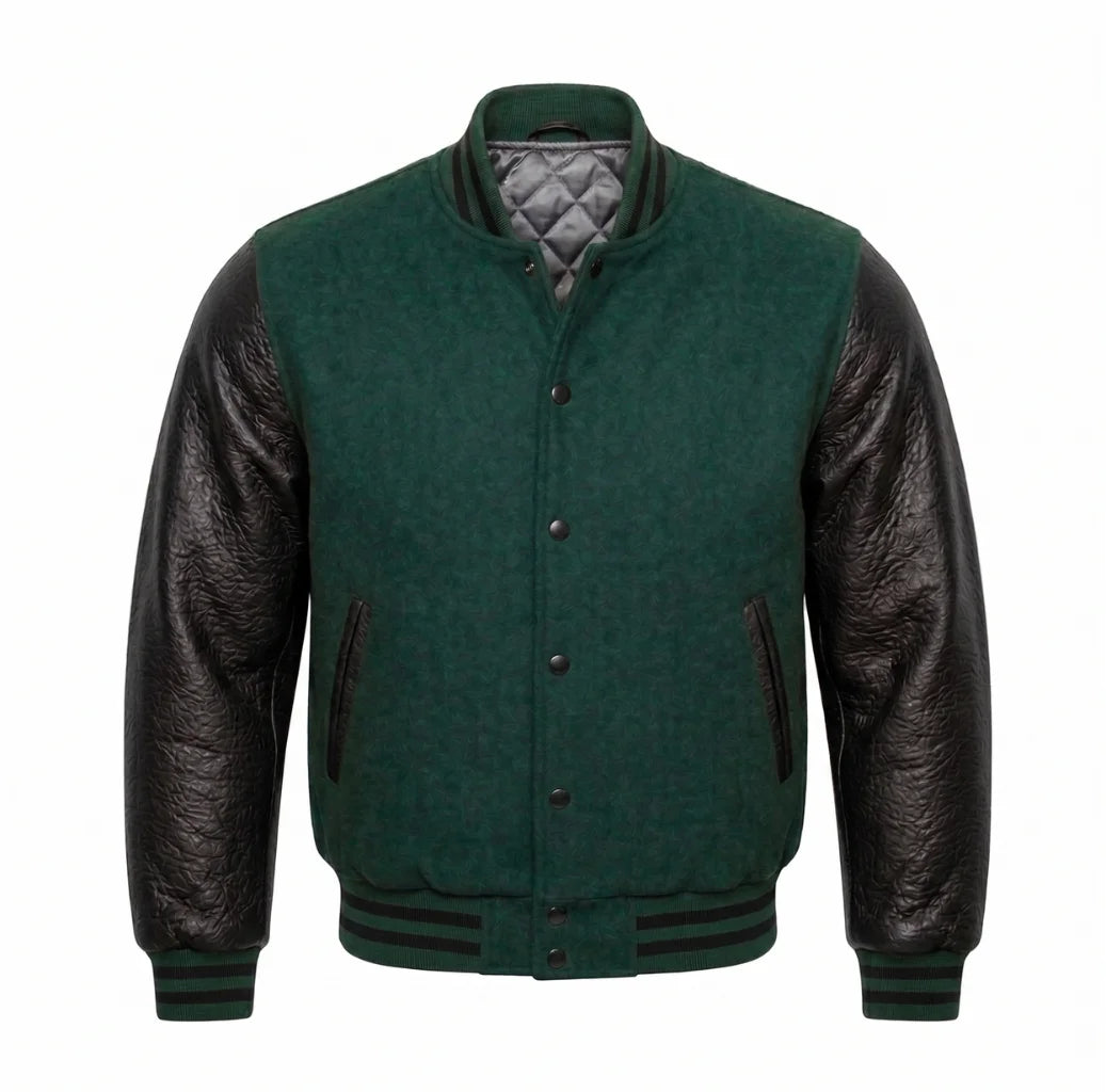 Hunter Green and Black Varsity Jacket with Wool Body and Leather Sleeves
