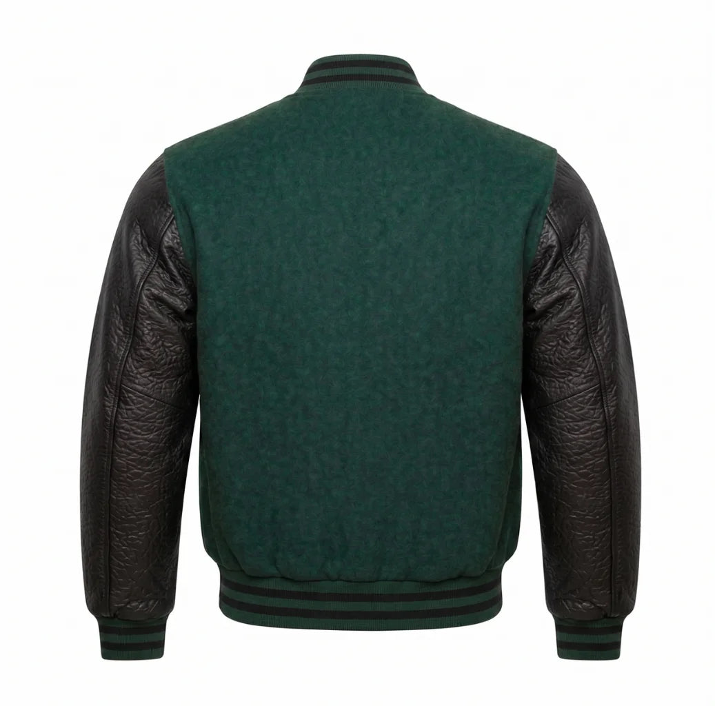 Hunter Green and Black Varsity Jacket with Wool Body and Leather Sleeves Back Side