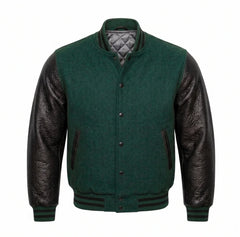 Hunter Green and Black Varsity Jacket with Wool Body and Leather Sleeves