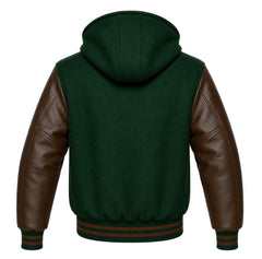 Hunter Green and Brown Hooded Varsity Jacket