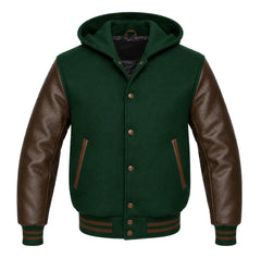 Hunter Green and Brown Hooded Varsity Jacket