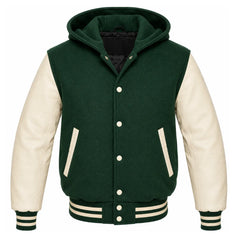 Hunter Green and Cream Varsity Jacket with Hood