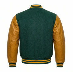 Hunter Green and Gold Varsity Jacket with Wool Body and Leather Sleeves Back View
