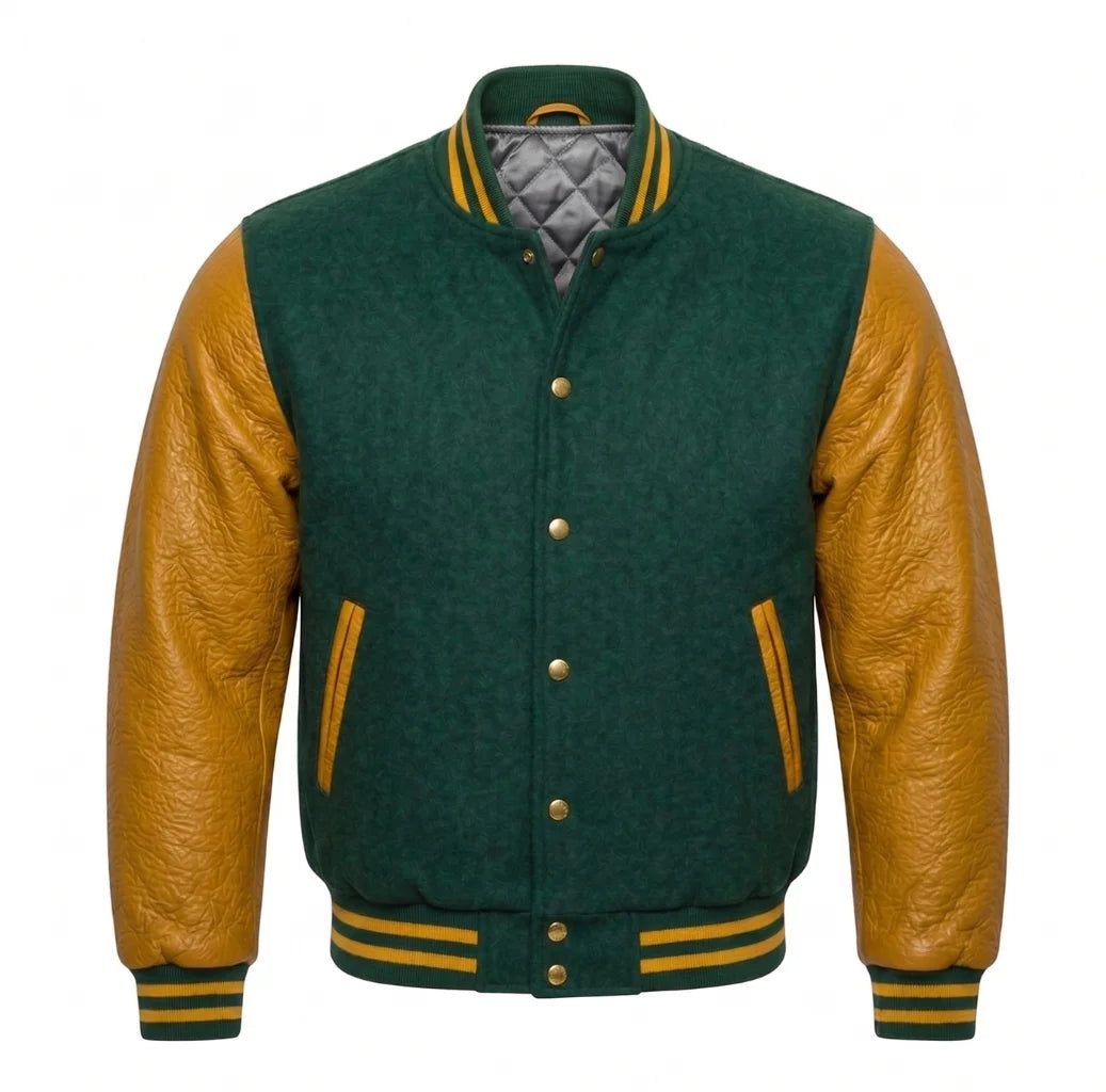 Hunter Green and Gold Varsity Jacket with Wool Body and Leather Sleeves