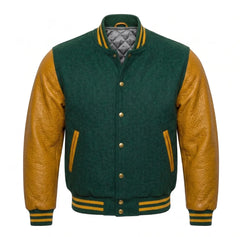 Hunter Green and Gold Varsity Jacket with Wool Body and Leather Sleeves