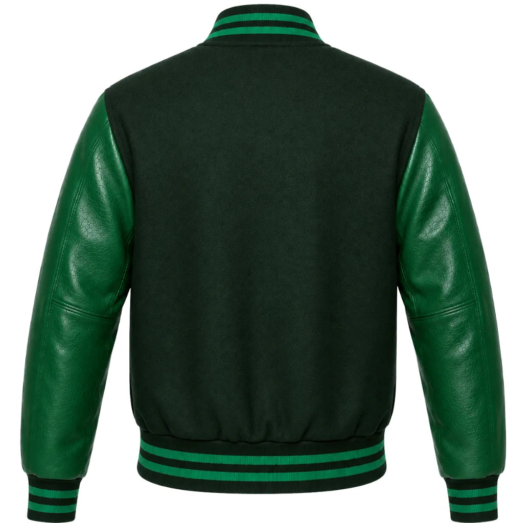 Hunter green wool varsity jacket with matching green cowhide sleeves, back view