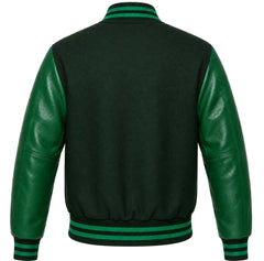 Hunter green wool varsity jacket with matching green cowhide sleeves, back view