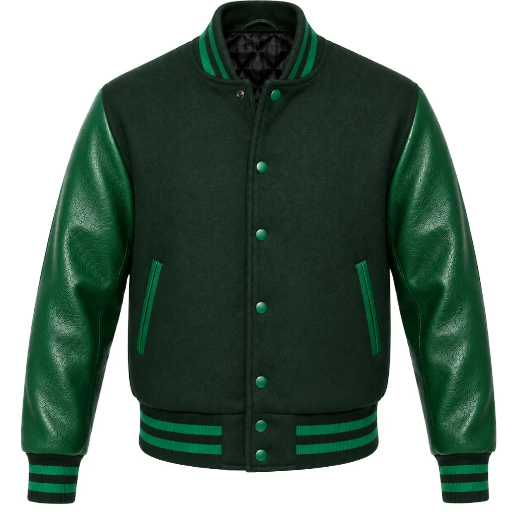 Hunter green melton wool varsity jacket with green leather sleeves, front view