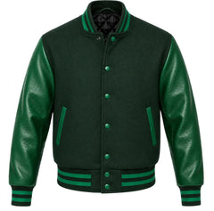 Hunter green melton wool varsity jacket with green leather sleeves, front view