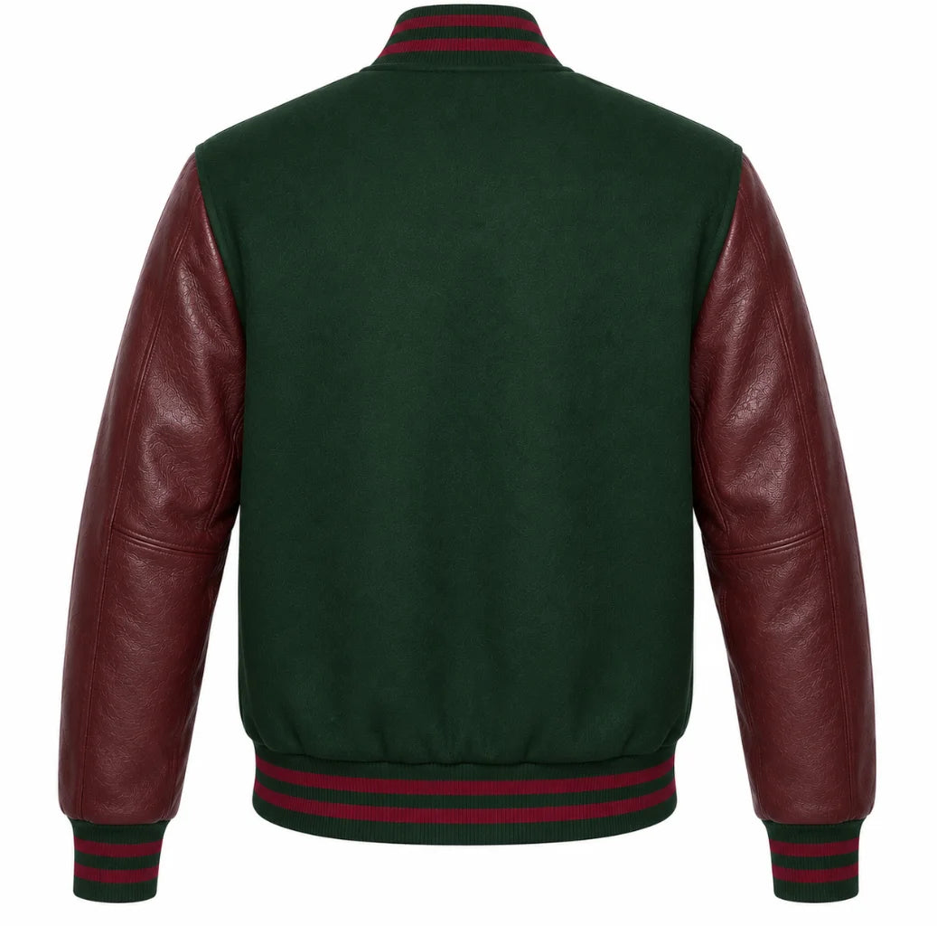 Hunter green wool varsity jacket with maroon cowhide sleeves, back view