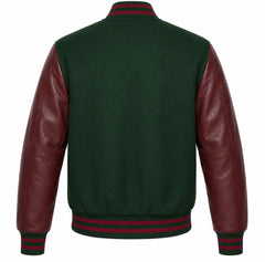 Hunter green wool varsity jacket with maroon cowhide sleeves, back view