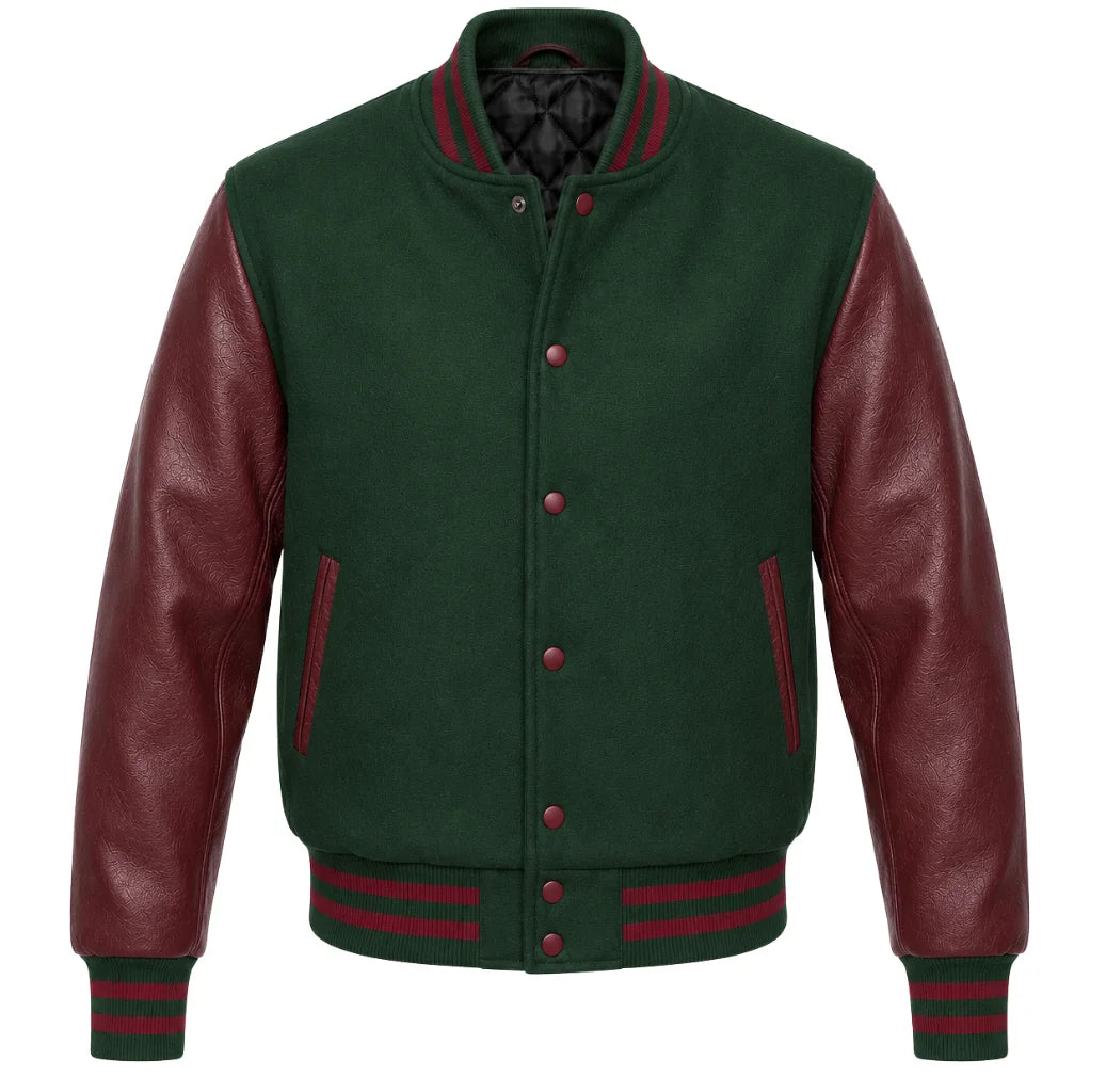 Hunter green melton wool varsity jacket with maroon leather sleeves, front view