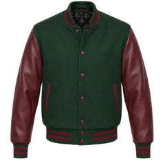 Hunter green melton wool varsity jacket with maroon leather sleeves, front view