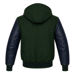 Hunter Green and Navy Blue Varsity Jacket with Hood
