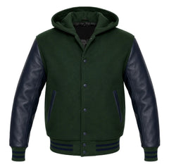 Hunter Green and Navy Blue Varsity Jacket with Hood