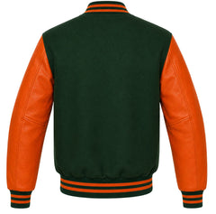 Hunter green wool letterman jacket with orange cowhide sleeves, back view