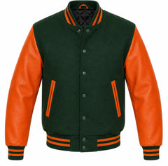 Hunter green melton wool letterman jacket with orange leather sleeves, front view