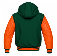 Hunter Green and Orange Varsity Jacket with Hood
