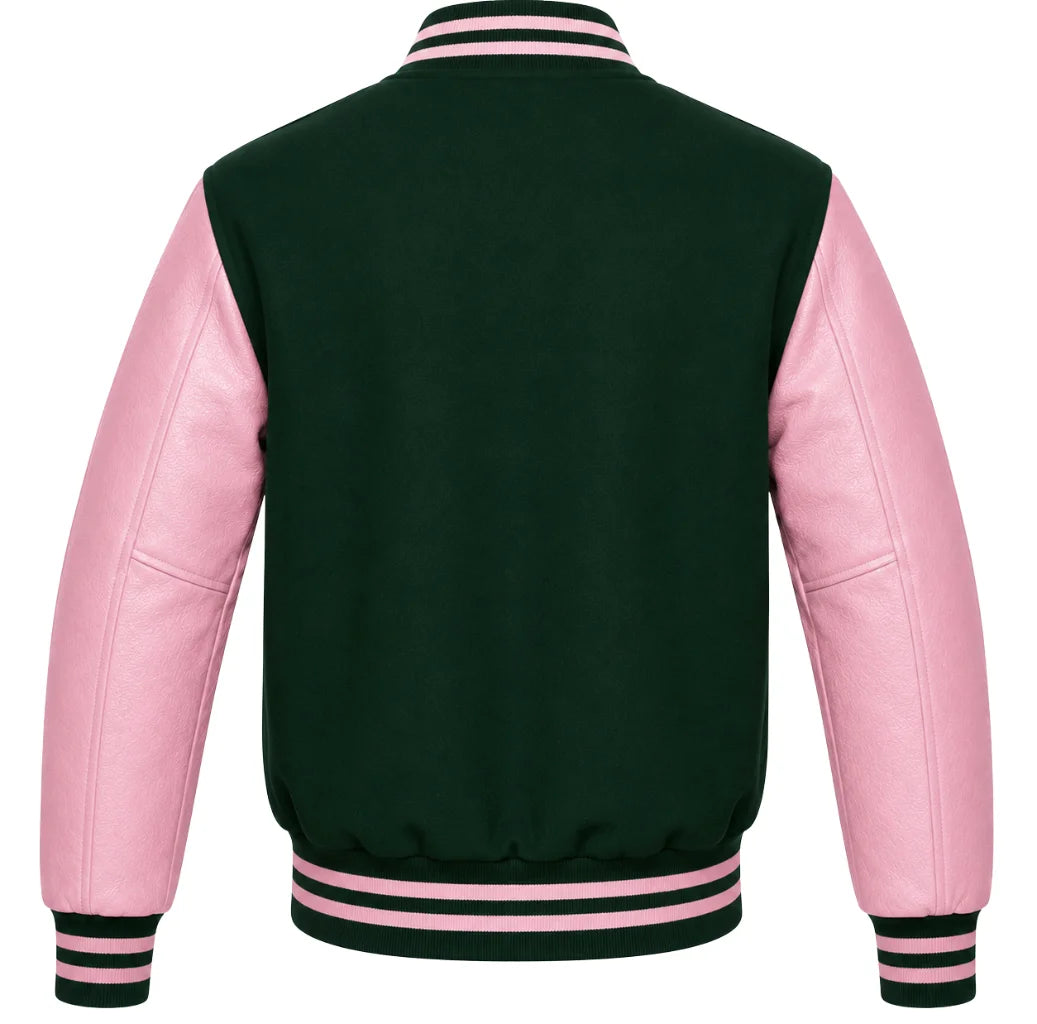 Hunter green wool varsity jacket with pink cowhide sleeves, back view